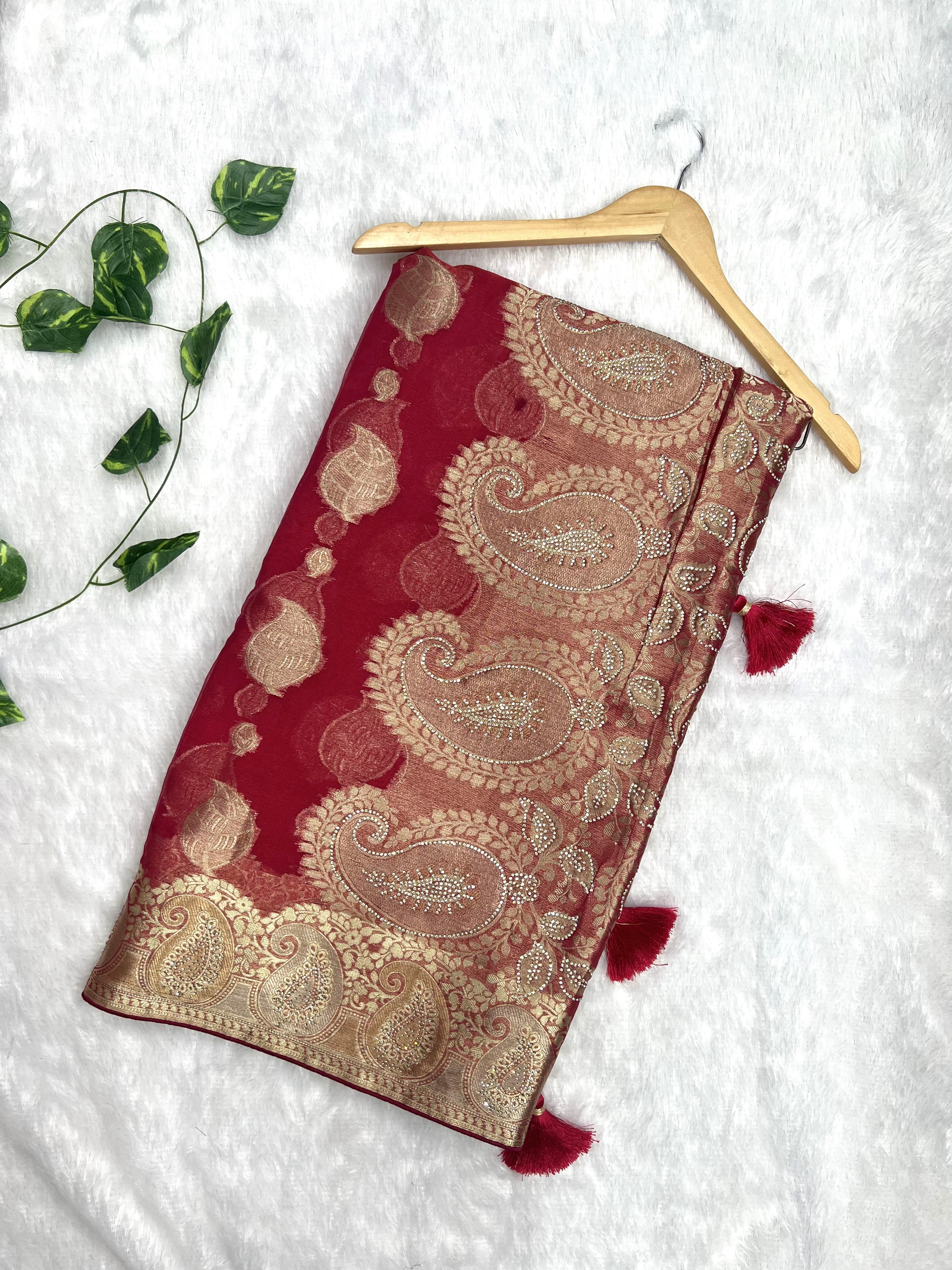 Amolika Designer Premium Organza Saree With Rich Zari Weaving, Stone Work, Tassel Pallu & Unstitched Blouse (Wine Red)