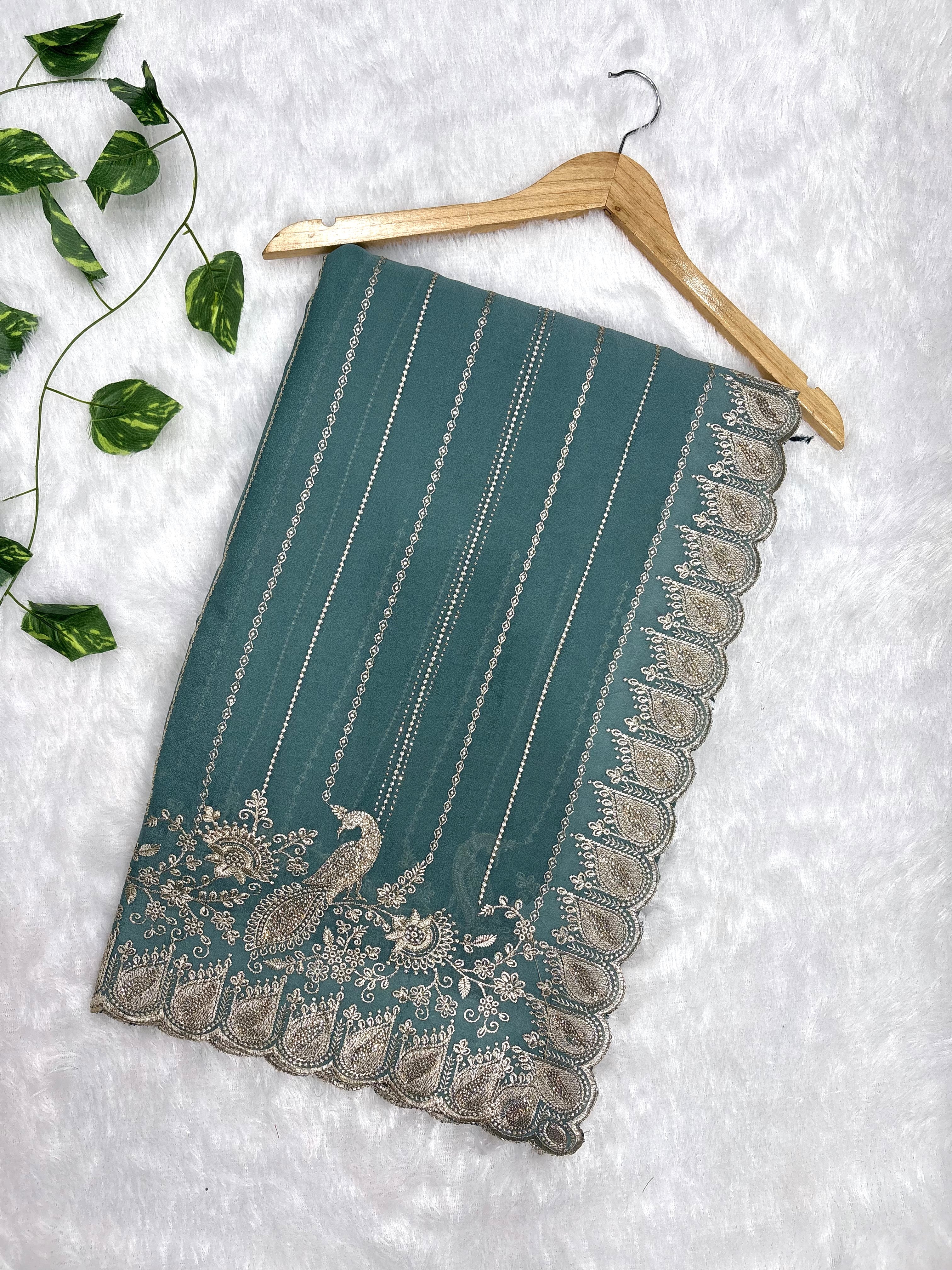 Amolika Designer Teal Green Fancy Chiffon Saree With Heavy Embroidery, Peacock Design & Rich Scalloped Border (With Unstitched Blouse)