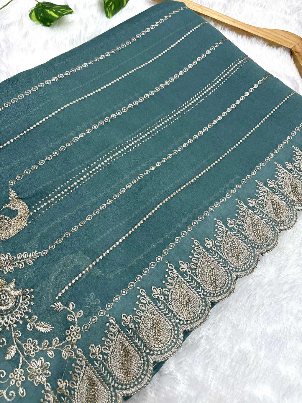 Amolika Designer Teal Green Fancy Chiffon Saree With Heavy Embroidery, Peacock Design & Rich Scalloped Border (With Unstitched Blouse)