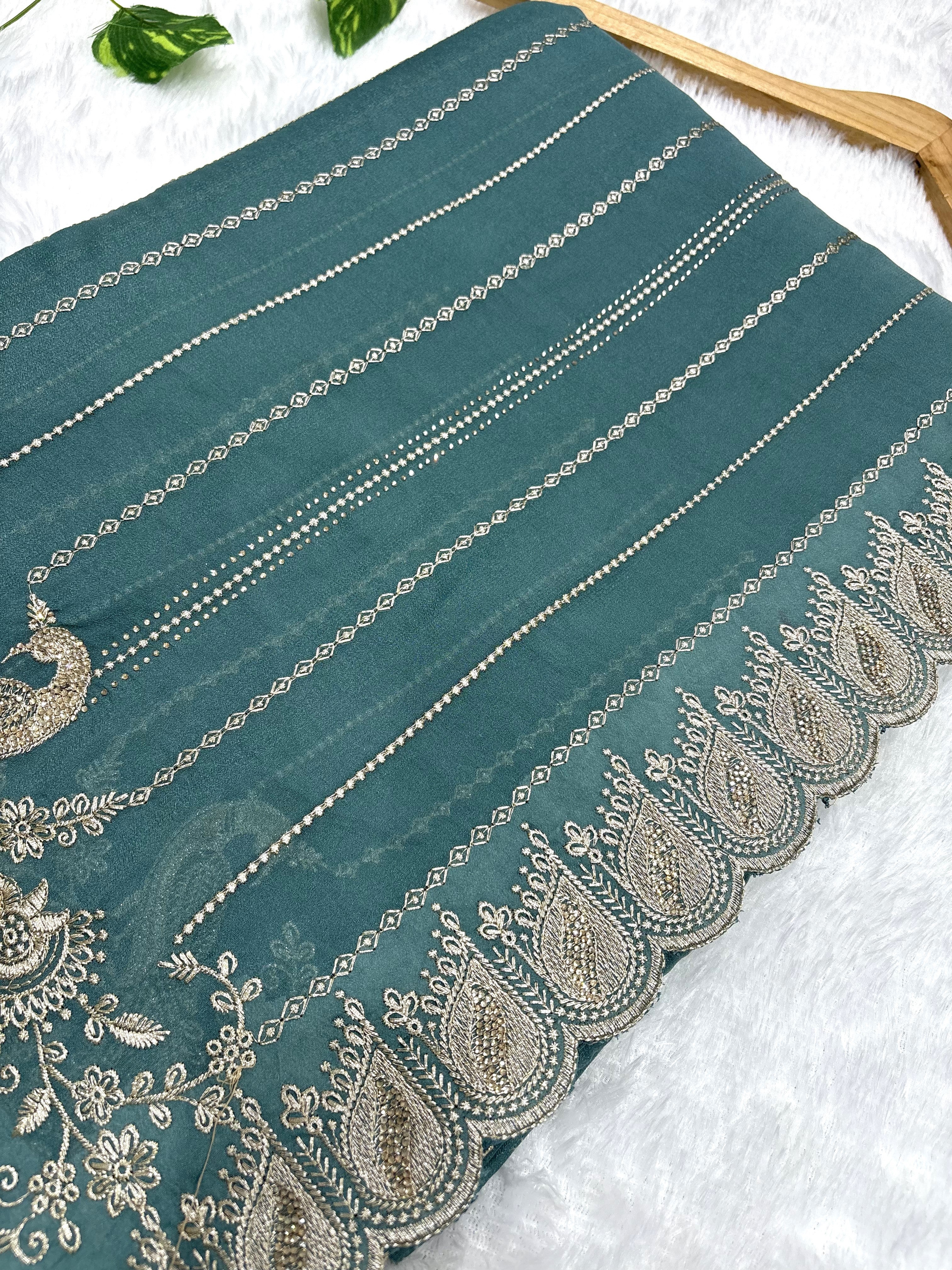 Amolika Designer Teal Green Fancy Chiffon Saree With Heavy Embroidery, Peacock Design & Rich Scalloped Border (With Unstitched Blouse)