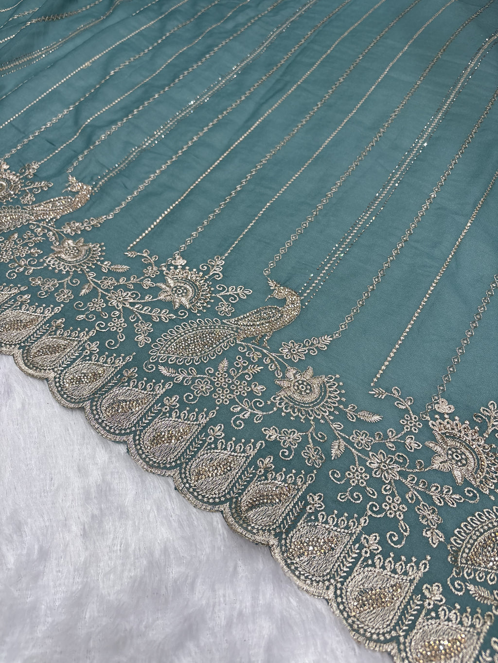 Amolika Designer Teal Green Fancy Chiffon Saree With Heavy Embroidery, Peacock Design & Rich Scalloped Border (With Unstitched Blouse)