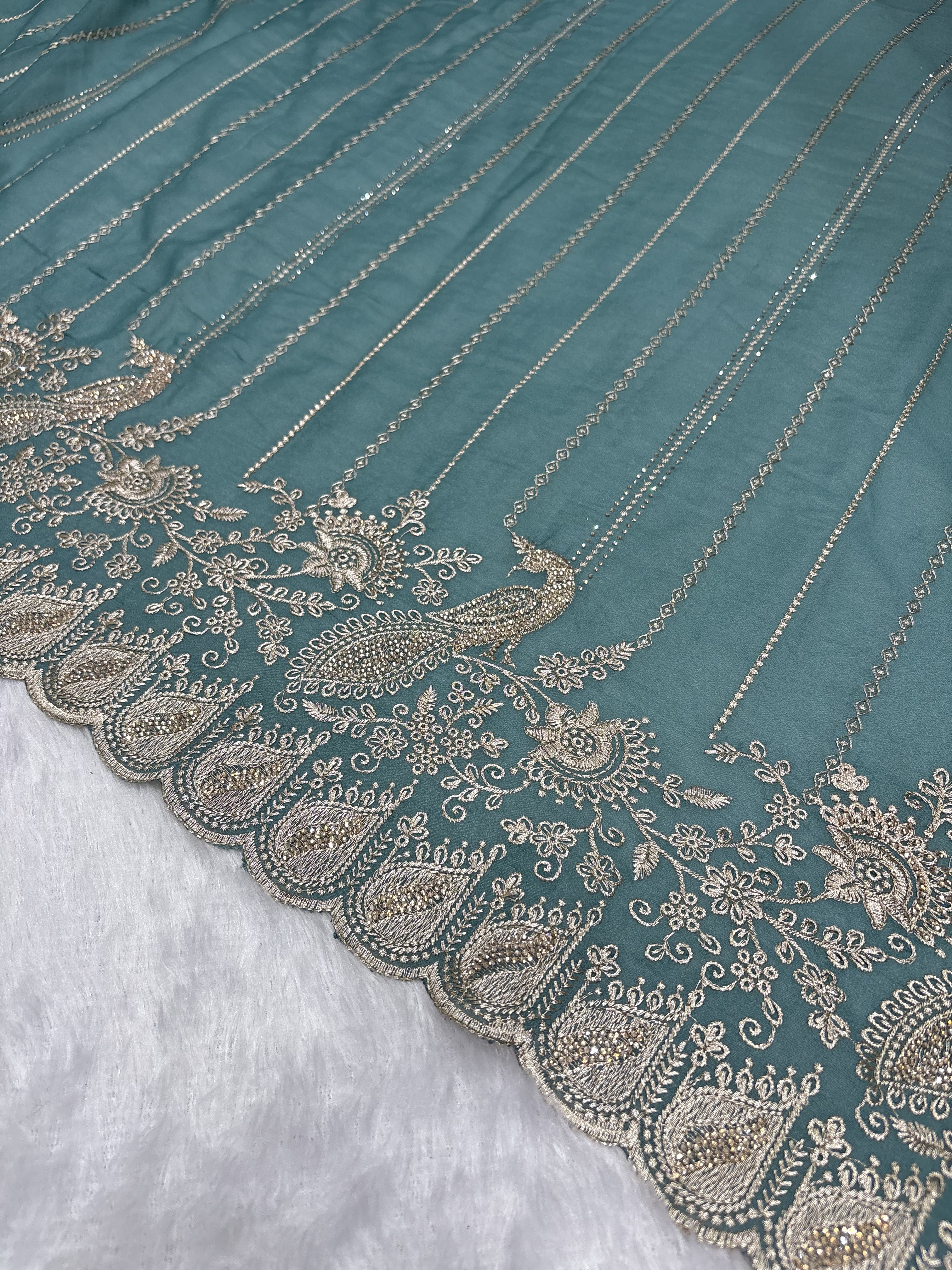 Amolika Designer Teal Green Fancy Chiffon Saree With Heavy Embroidery, Peacock Design & Rich Scalloped Border (With Unstitched Blouse)