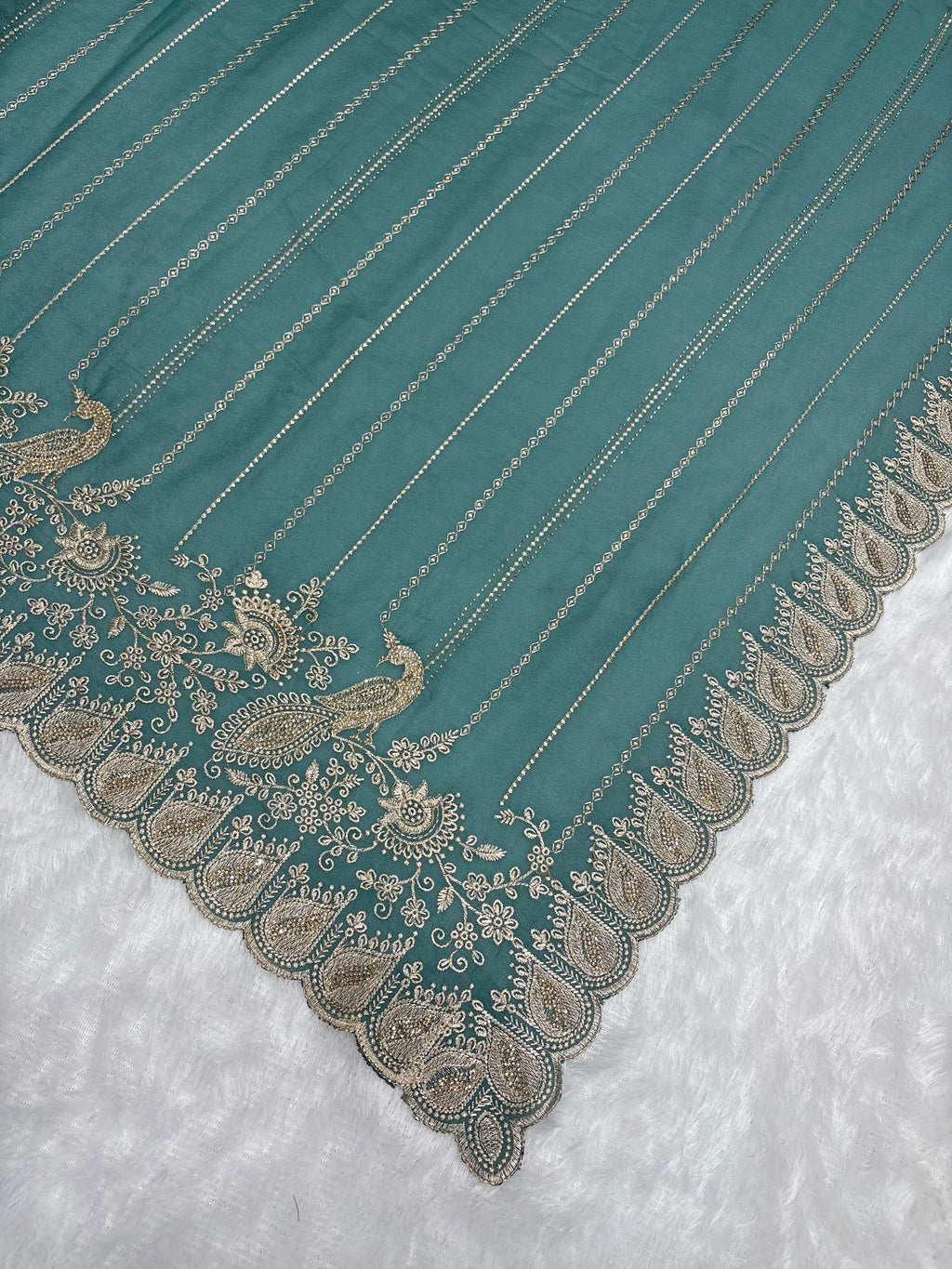 Amolika Designer Teal Green Fancy Chiffon Saree With Heavy Embroidery, Peacock Design & Rich Scalloped Border (With Unstitched Blouse)