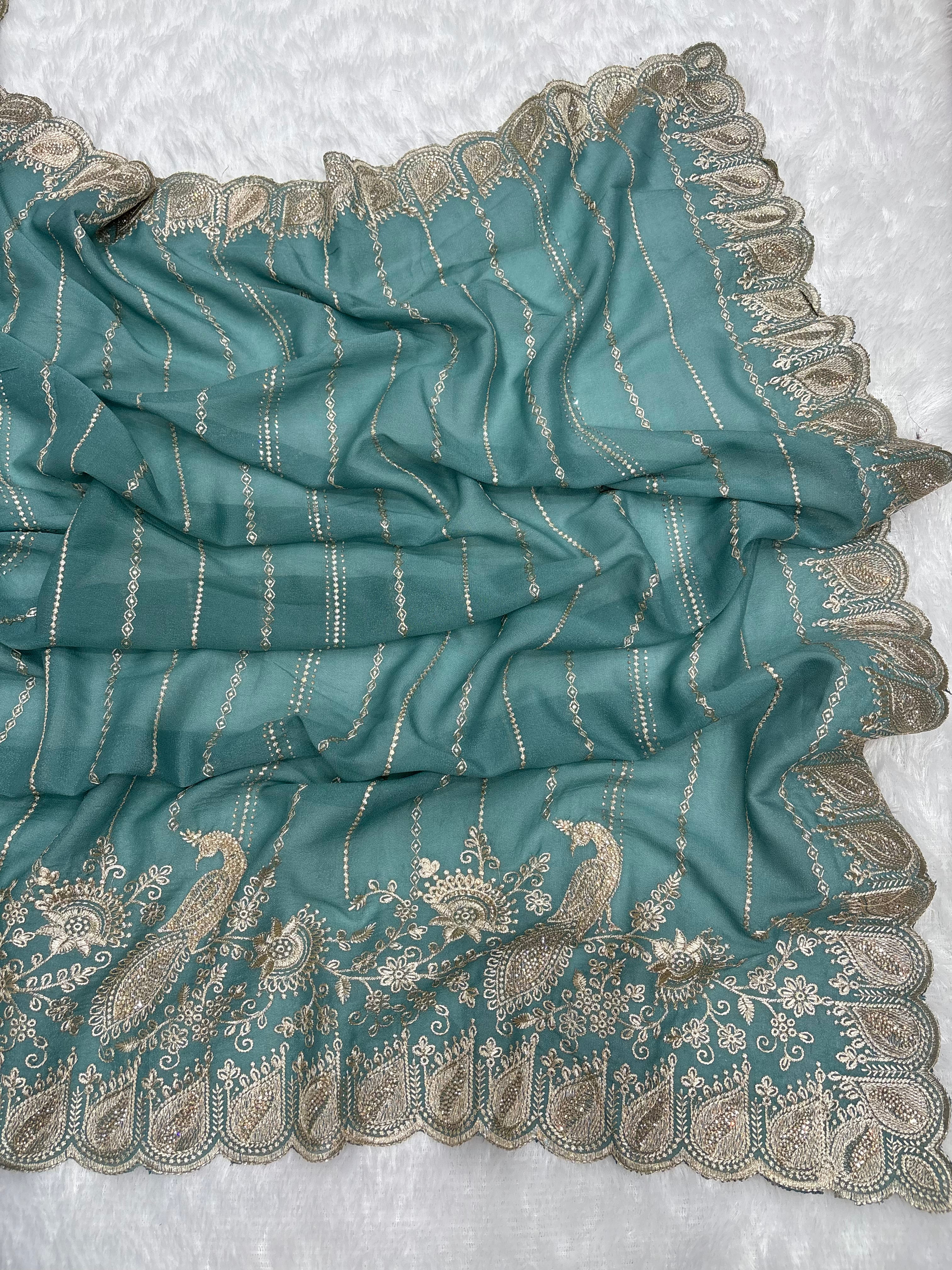 Amolika Designer Teal Green Fancy Chiffon Saree With Heavy Embroidery, Peacock Design & Rich Scalloped Border (With Unstitched Blouse)