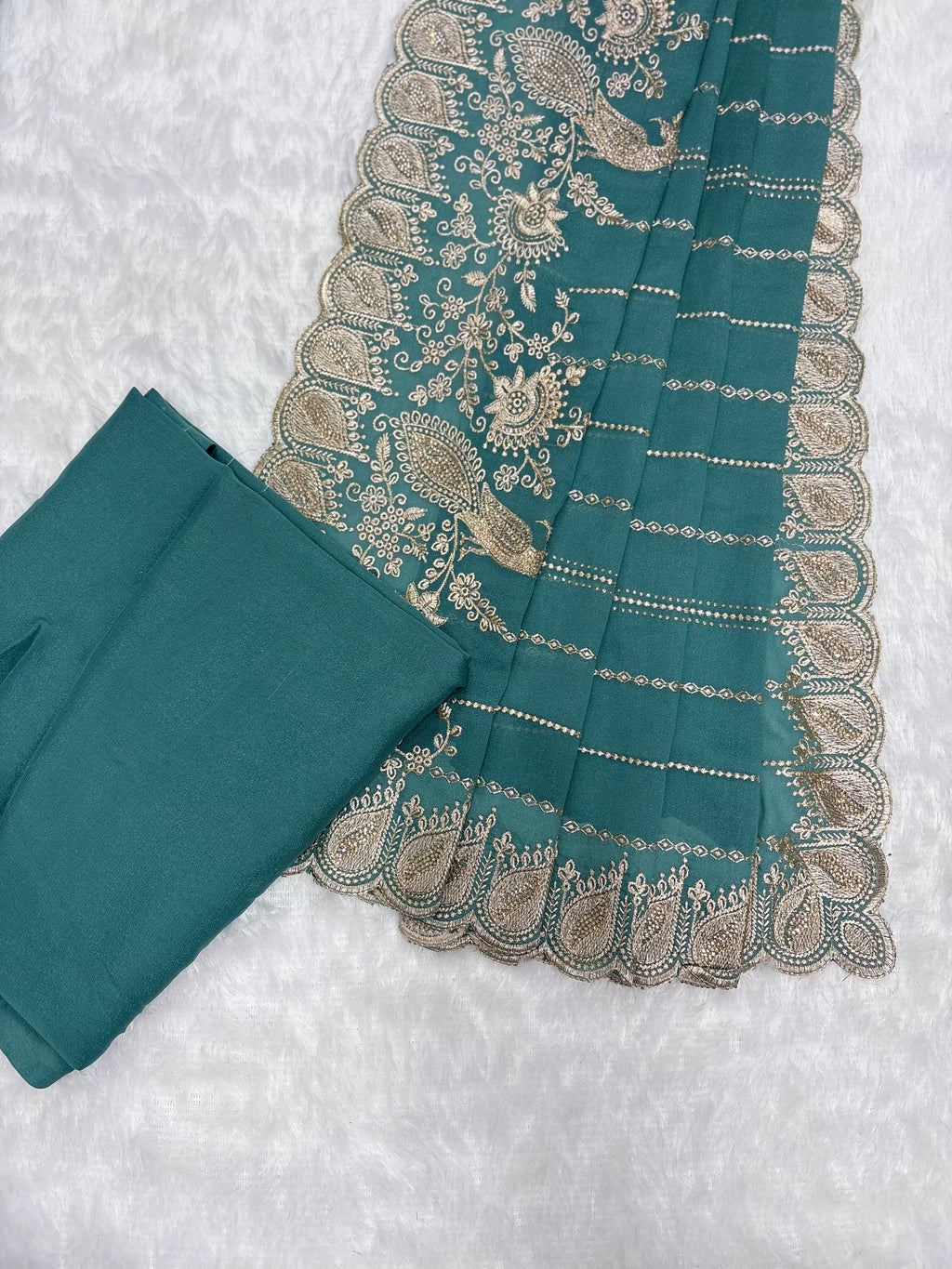 Amolika Designer Teal Green Fancy Chiffon Saree With Heavy Embroidery, Peacock Design & Rich Scalloped Border (With Unstitched Blouse)