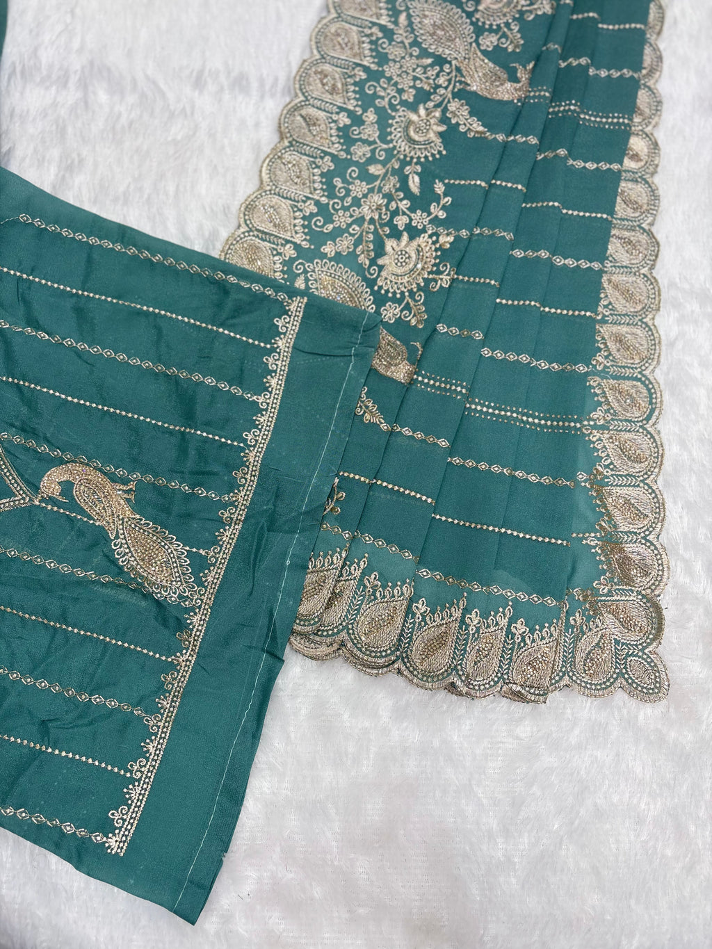Amolika Designer Teal Green Fancy Chiffon Saree With Heavy Embroidery, Peacock Design & Rich Scalloped Border (With Unstitched Blouse)