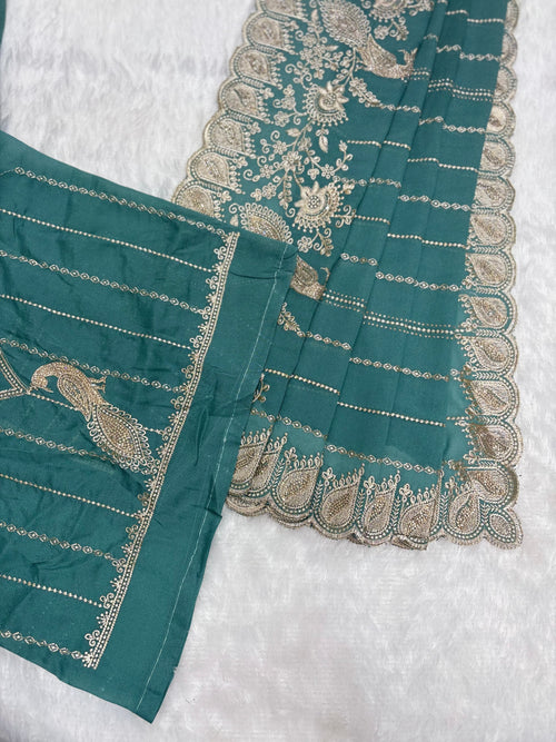 Amolika Designer Teal Green Fancy Chiffon Saree With Heavy Embroidery, Peacock Design & Rich Scalloped Border (With Unstitched Blouse)