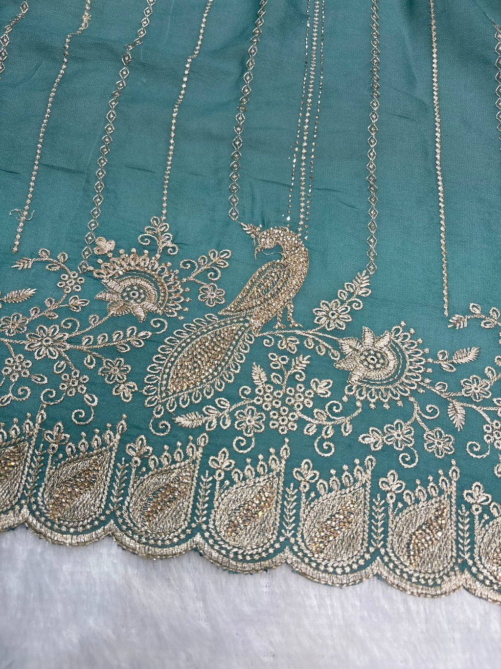 Amolika Designer Teal Green Fancy Chiffon Saree With Heavy Embroidery, Peacock Design & Rich Scalloped Border (With Unstitched Blouse)