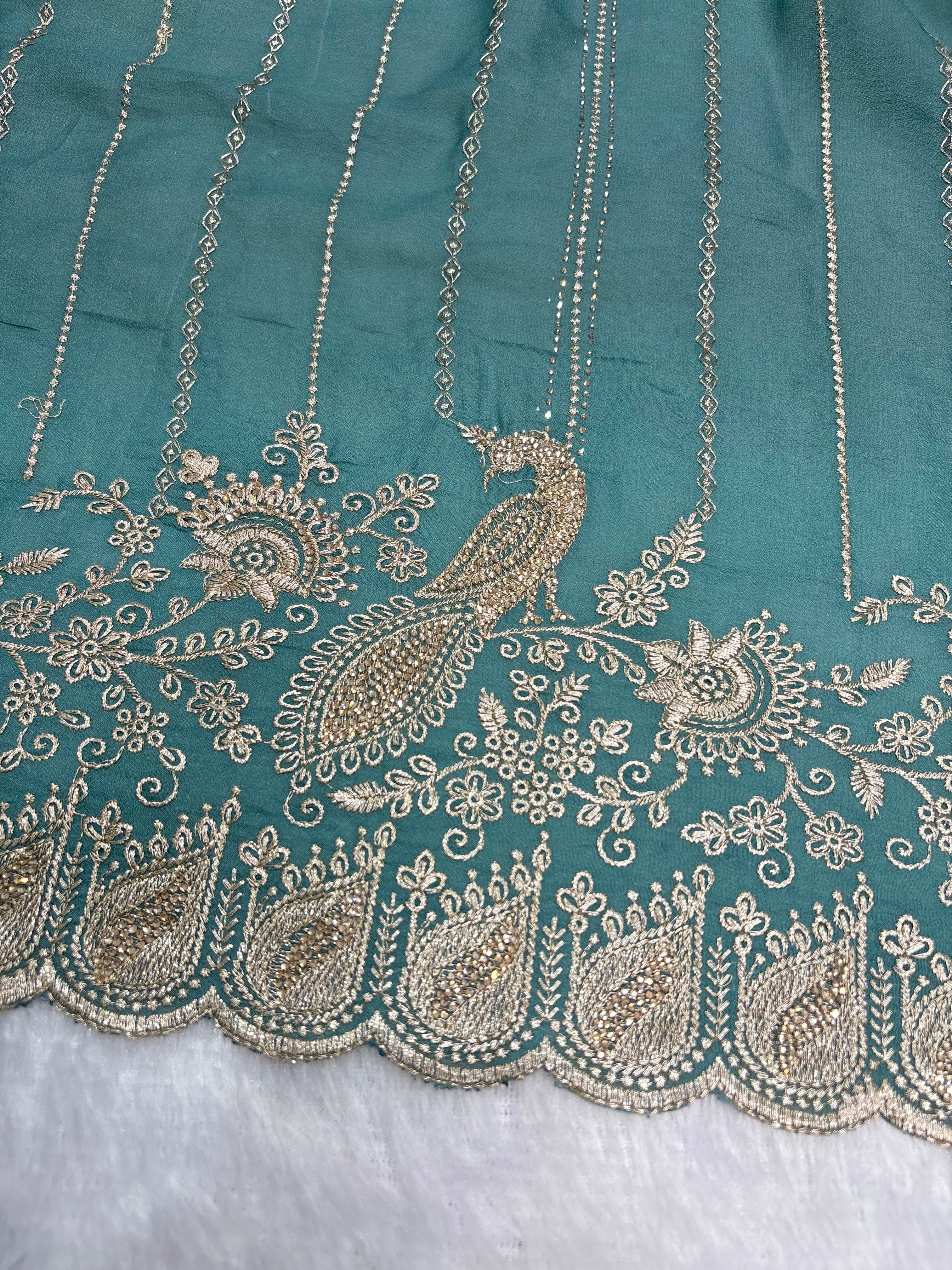 Amolika Designer Teal Green Fancy Chiffon Saree With Heavy Embroidery, Peacock Design & Rich Scalloped Border (With Unstitched Blouse)