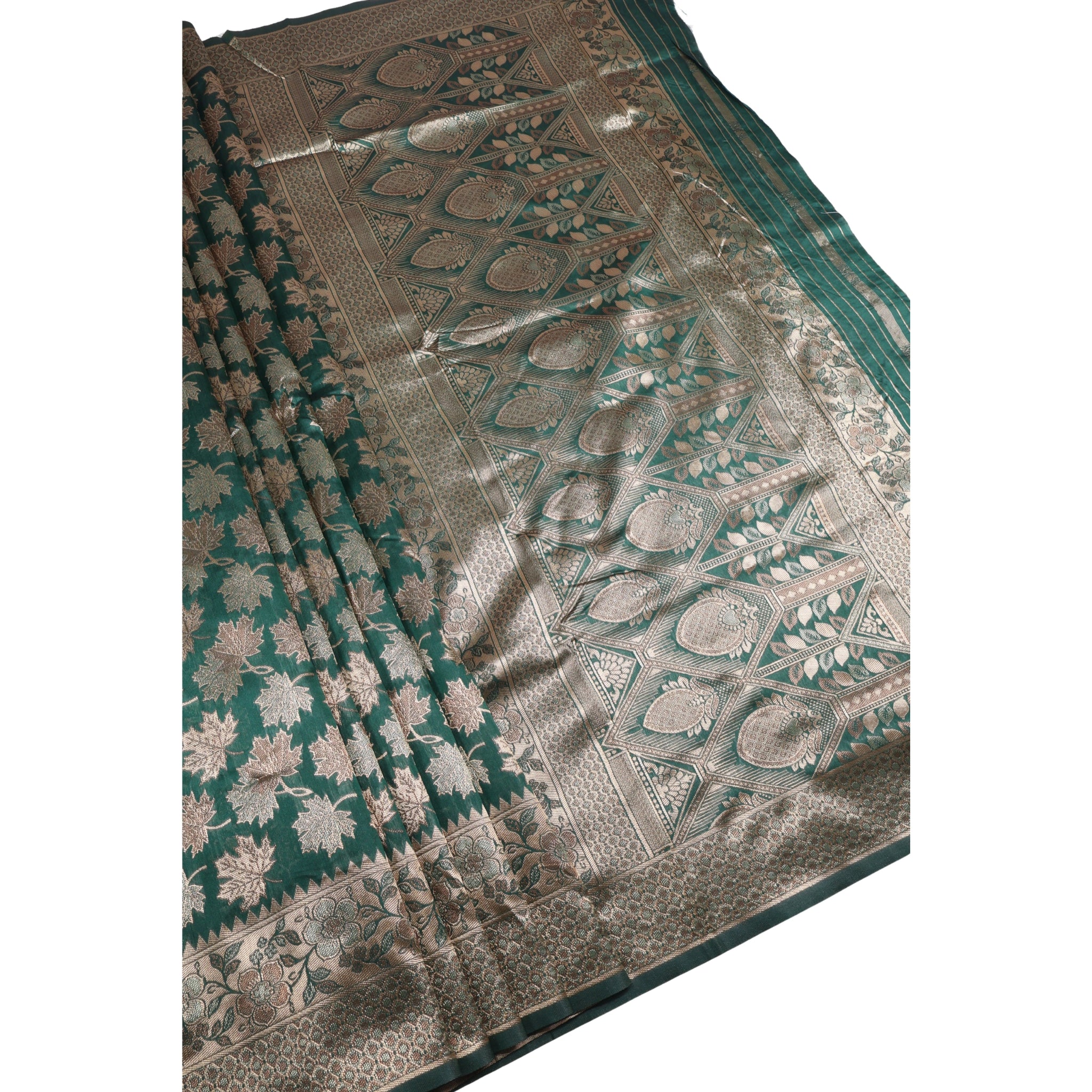Banarasi Bottle Green Silk Saree With Unstitched Blouse Piece AM - 1283 - Amolika Sarees