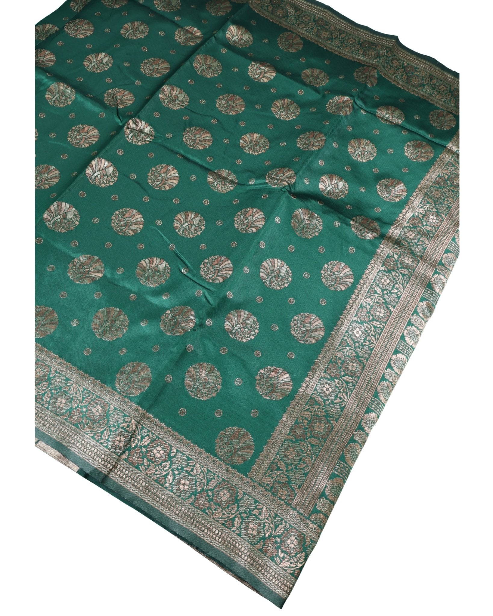 Banarasi Bottle Green Silk Saree With Unstitched Blouse Piece AM - 1285 - Amolika Sarees