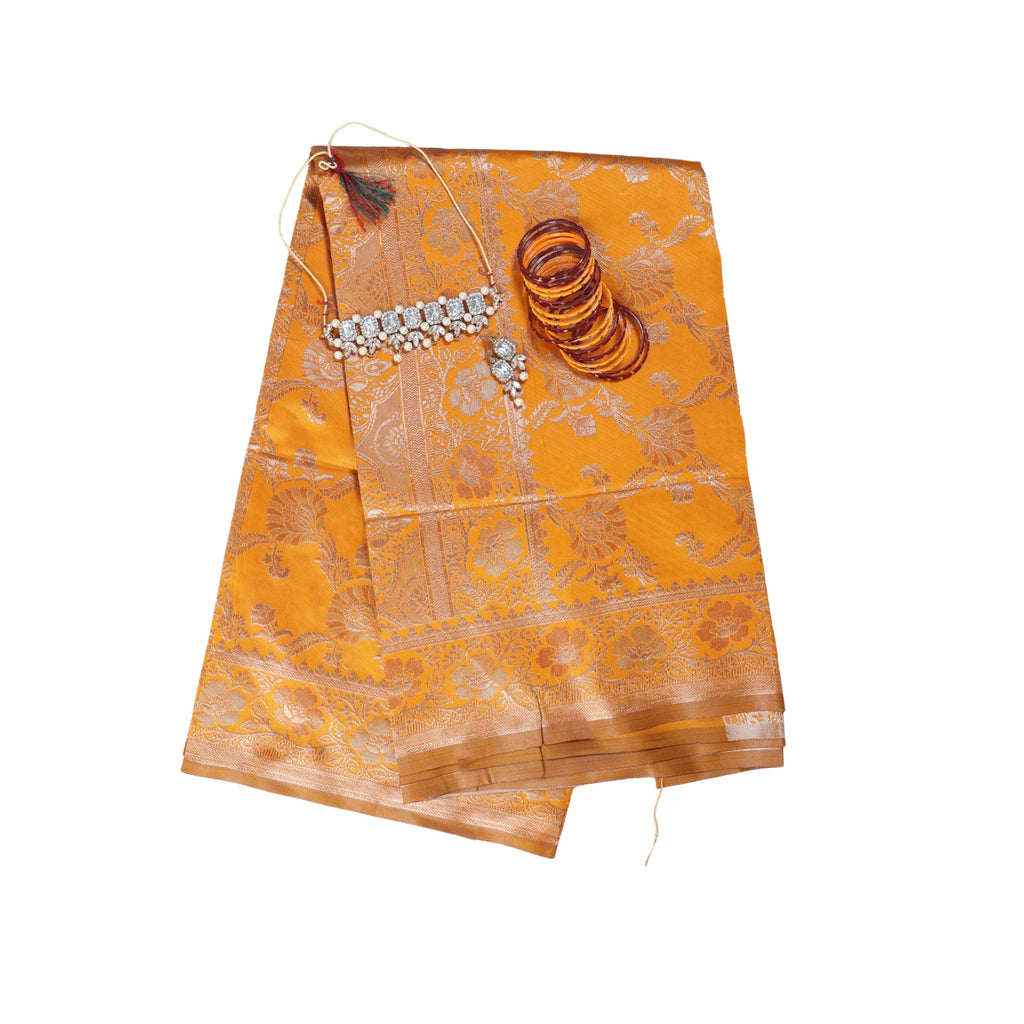 Banarasi Mustard Silk Saree With Unstitched Blouse Piece AM - 1287 - Amolika Sarees