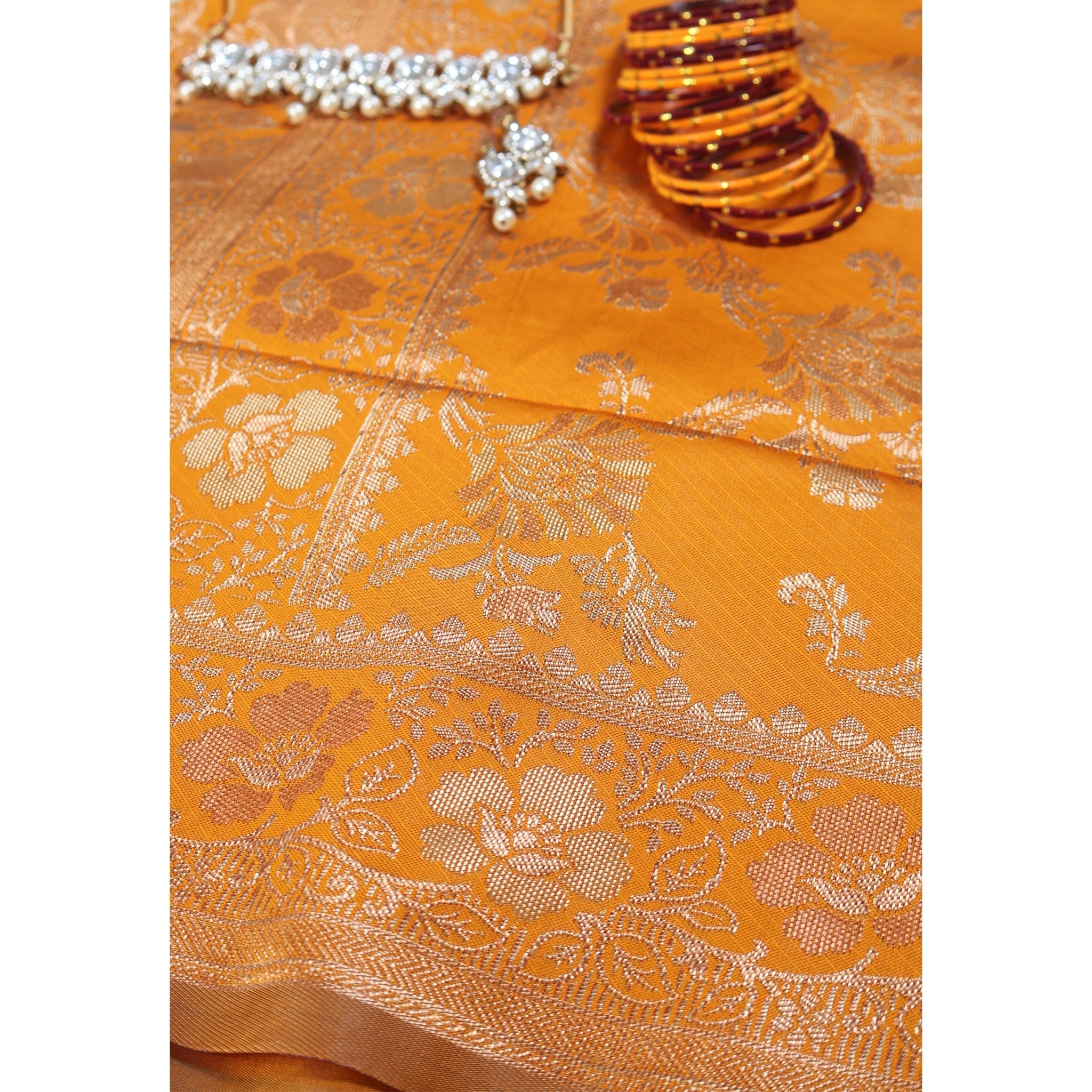 Banarasi Mustard Silk Saree With Unstitched Blouse Piece AM - 1287 - Amolika Sarees