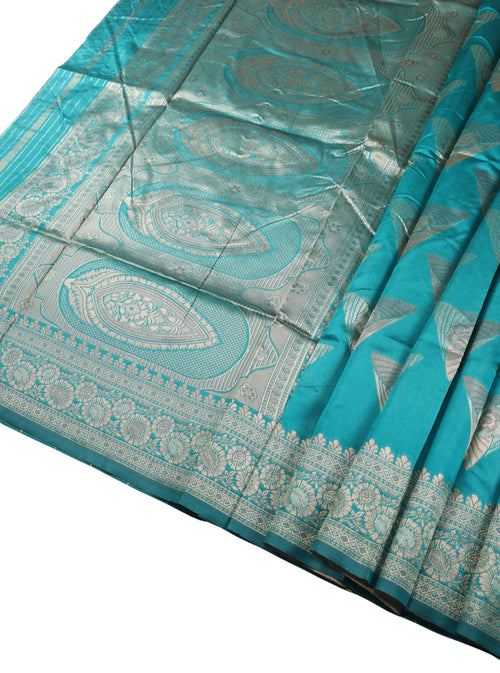 Banarasi Sky Blue Silk Saree With Unstitched Blouse Piece AM - 1419 - Amolika Sarees
