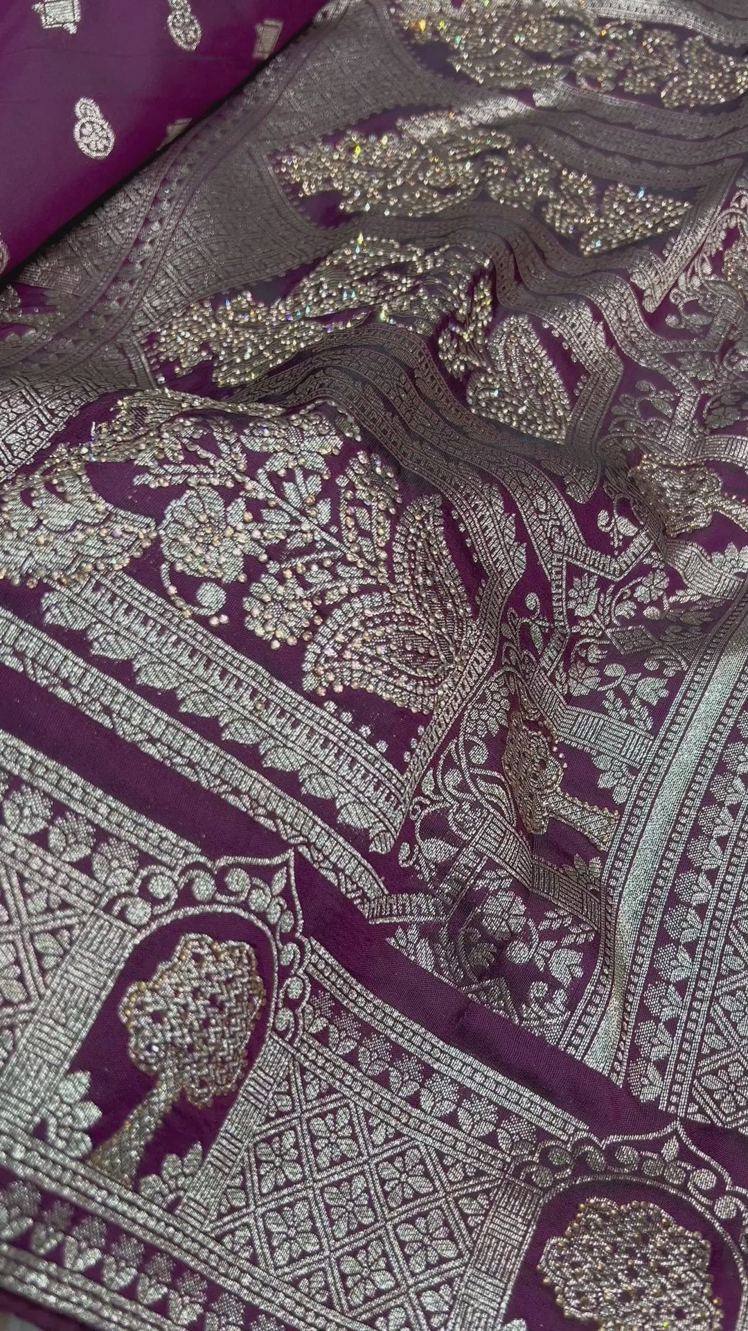 Amolika Wine Satin Zarkhan Saree With Swarovski Work & Rich Zari Border With Unstitched Blouse Piece – Wedding Wear