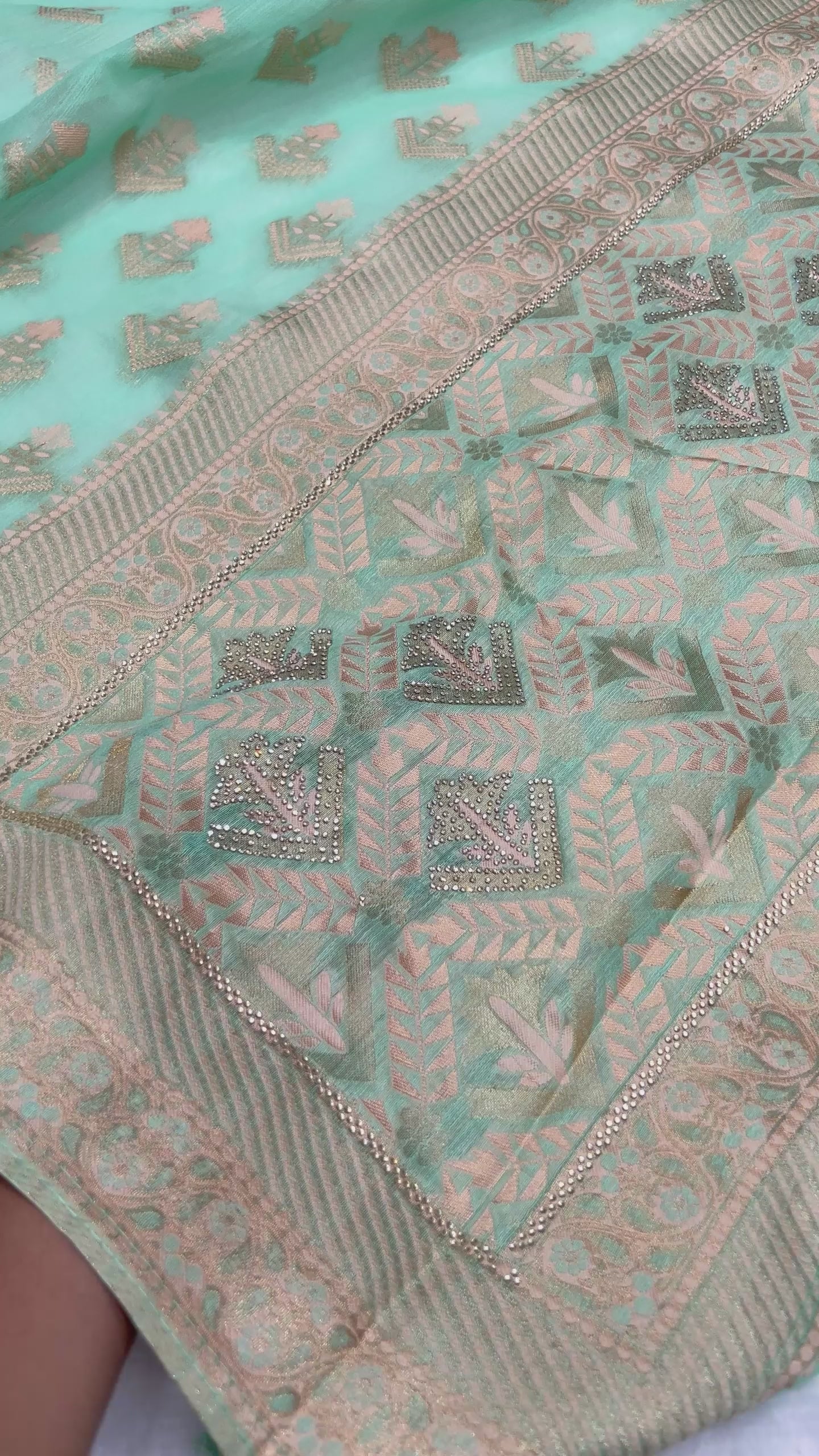 Amolika Cotton Zarkhan Saree With Swarovski Work & Rich Zari Border With Unstitched Blouse Piece – Sea Green